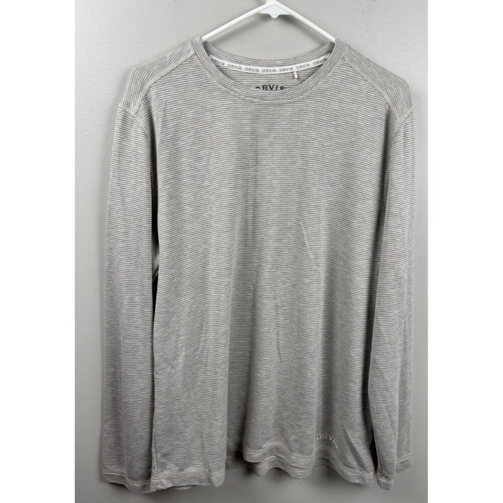 Orvis LG Large Gray/White Stripe Long Sleeve Crew Neck Classic Collection